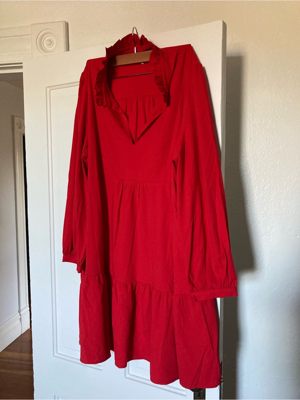 Tuckernuck Red Ruffle-Trim Long Sleeve Tiered Dress